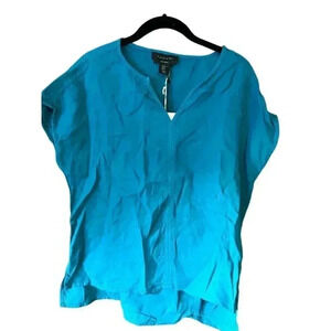 Vibrant Teal Short‎ Sleeve Blouse V-Neck Casual Summer Top 100% Linen D15